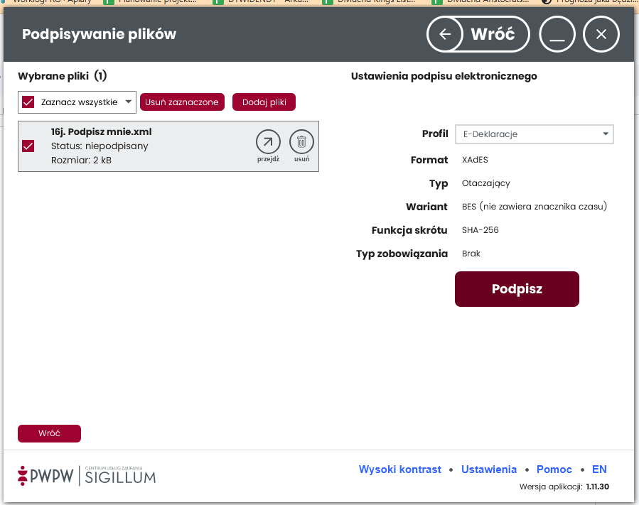 Wybór profilu e-deklaracje w programie SigillumSign